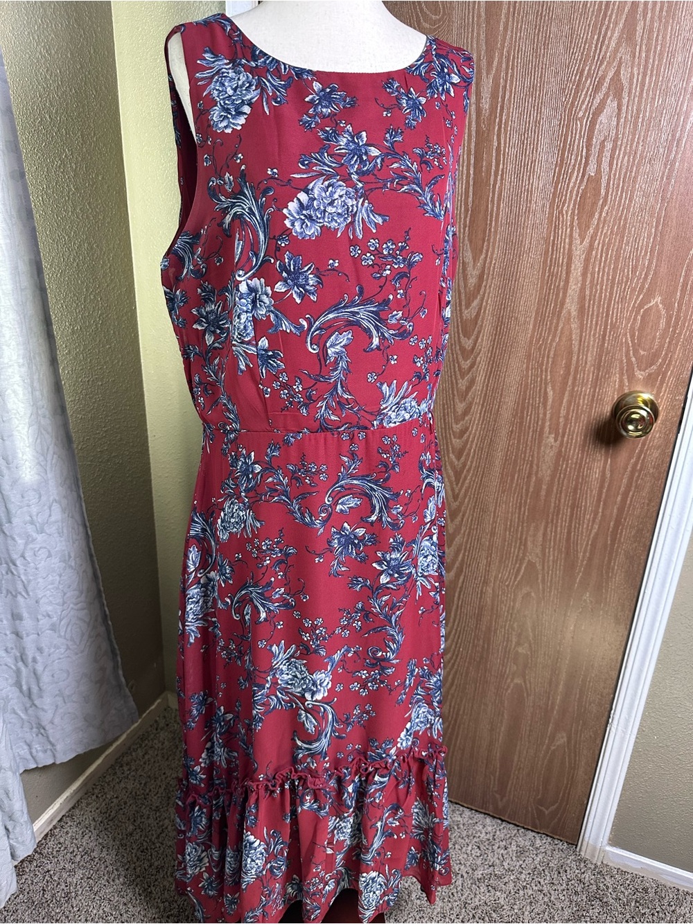 Studio One Burgundy Maxi Dress with Blue-White Floral Print
